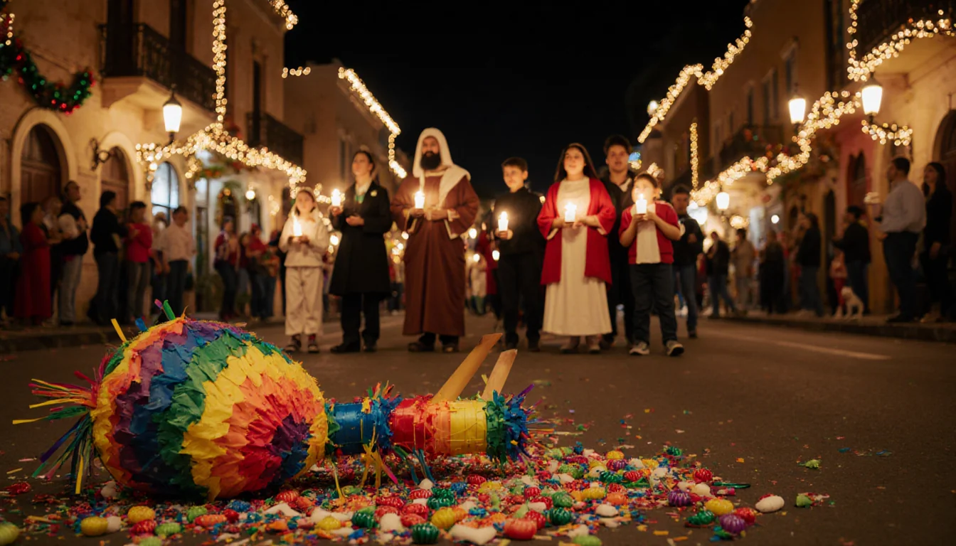 Shattered piñata lies on street with candy spilling and confetti while children hold candles beside glowing lights