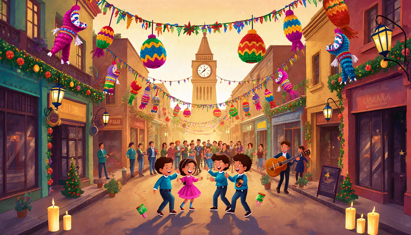 Children break a bright piñata with sticks with lanterns and guitars beside Olvera Street clock tower.