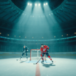 Skaters gliding toward the goal crease in an Olympic rink with blue‑green glow and curved canopy overhead