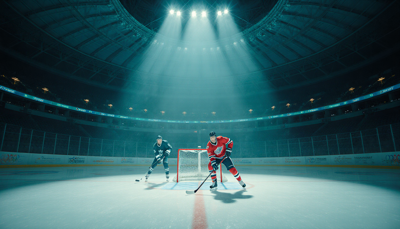 Skaters gliding toward the goal crease in an Olympic rink with blue‑green glow and curved canopy overhead