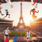 Athletes sprinting across a sunlit stadium with Eiffel Tower at sunset under warm light and vibrant medals overhead