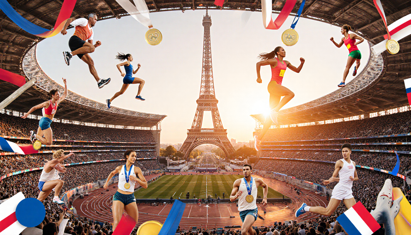 Athletes sprinting across a sunlit stadium with Eiffel Tower at sunset under warm light and vibrant medals overhead