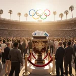 Crowd waits around ornate urn with velvet rope holding 2028 Olympics tickets and glow with palm trees hinting Los Angeles