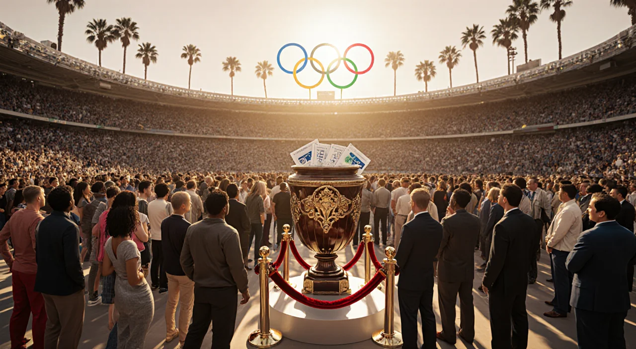 Crowd waits around ornate urn with velvet rope holding 2028 Olympics tickets and glow with palm trees hinting Los Angeles