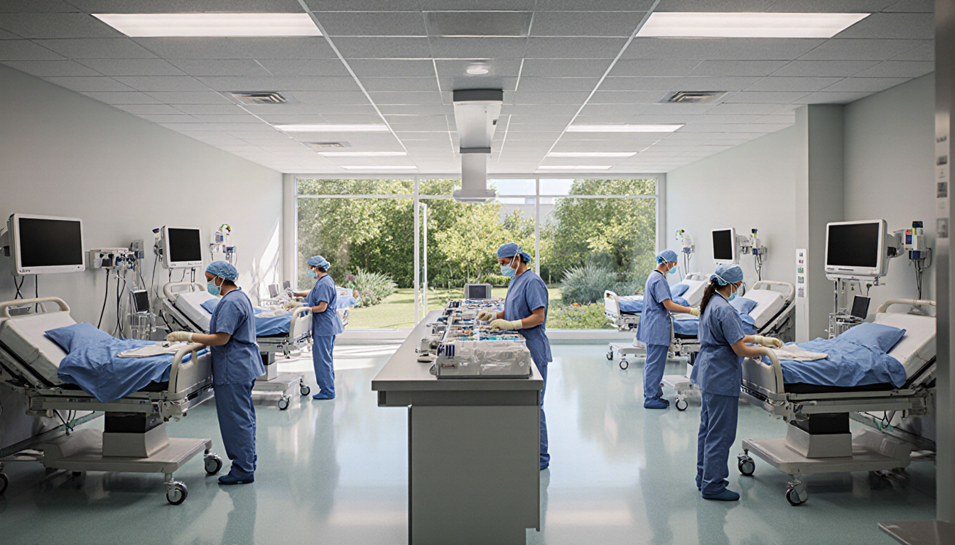 Surgical team performing surgery with central console and lighting while greenery from garden level filters into the interior