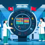 Medical team monitors live OR schedule panel with colorful shifts and red delay alerts in bright blue‑tinted operating room