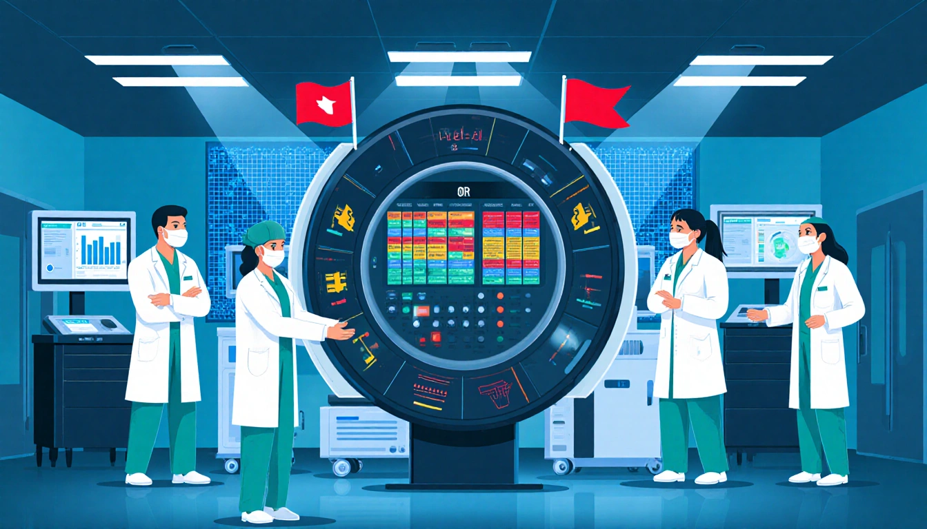 Medical team monitors live OR schedule panel with colorful shifts and red delay alerts in bright blue‑tinted operating room