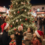 Families laughing around a lit Christmas tree with hot chocolate cups and Santa hats at the Original Farmers Market.