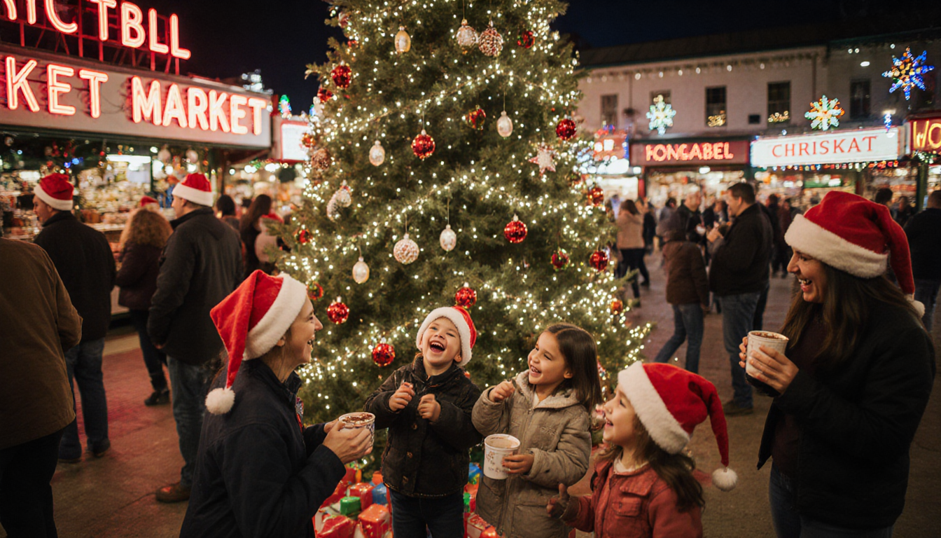 Families laughing around a lit Christmas tree with hot chocolate cups and Santa hats at the Original Farmers Market.
