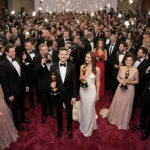 Winners celebrate on a crowded red carpet with flashing paparazzi and golden Oscars amid glamorous gowns and tuxedos.