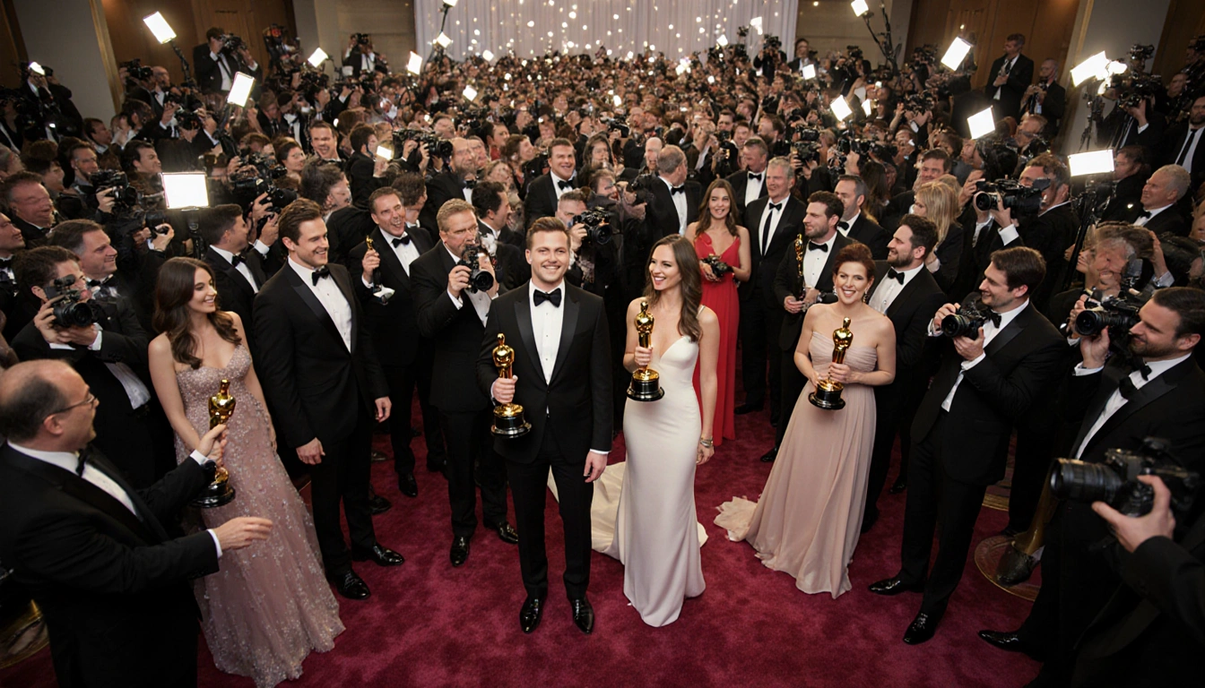 Winners celebrate on a crowded red carpet with flashing paparazzi and golden Oscars amid glamorous gowns and tuxedos.