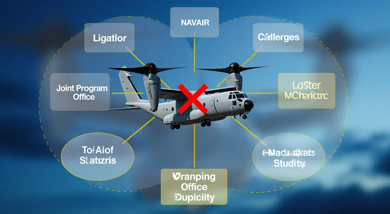 Osprey aircraft with red X over chart of overlapping NAVAIR and Joint Program Office boxes on blue gradient.