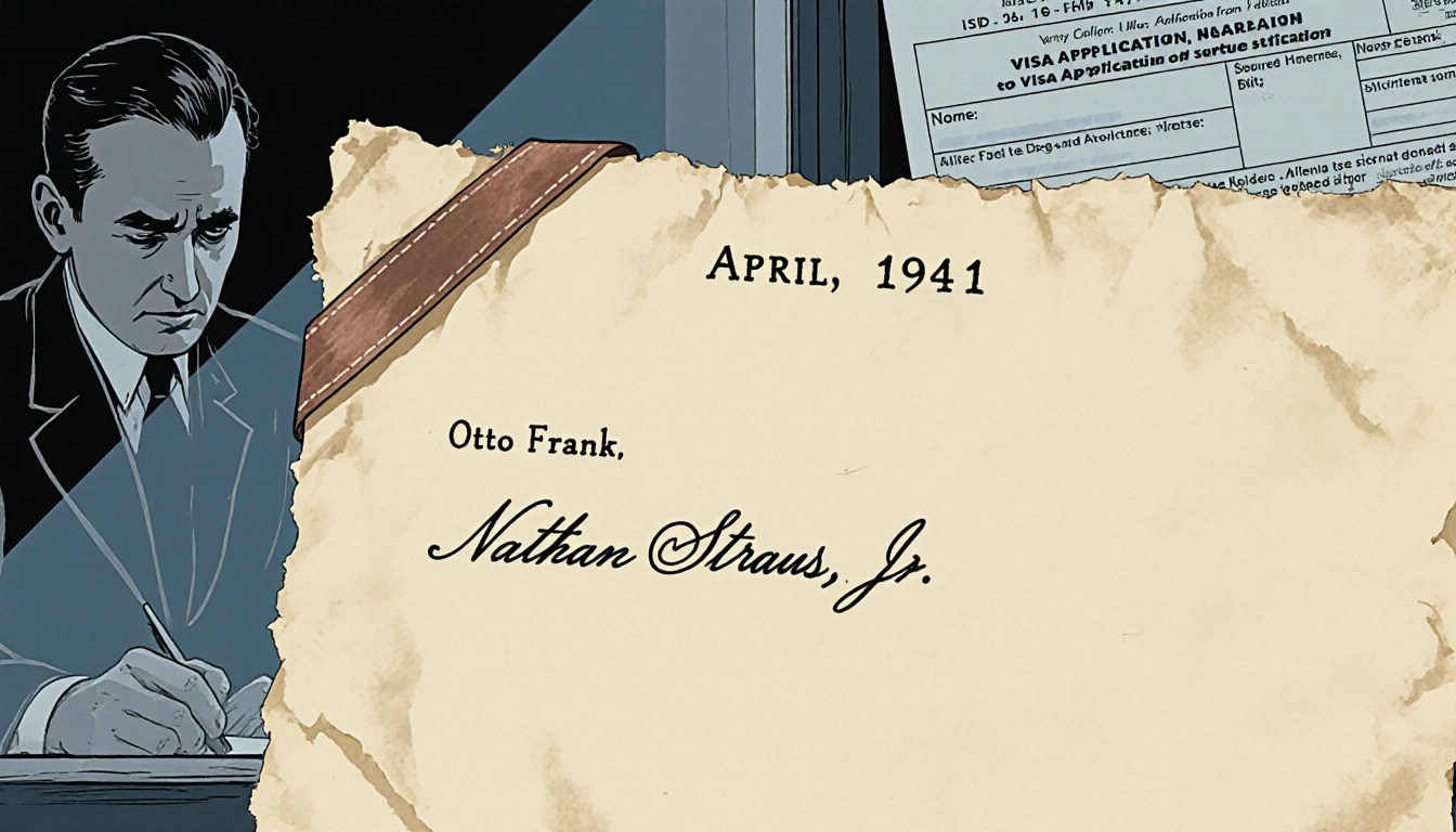 Otto Frank writing a distressed letter on parchment with a visa form in the background