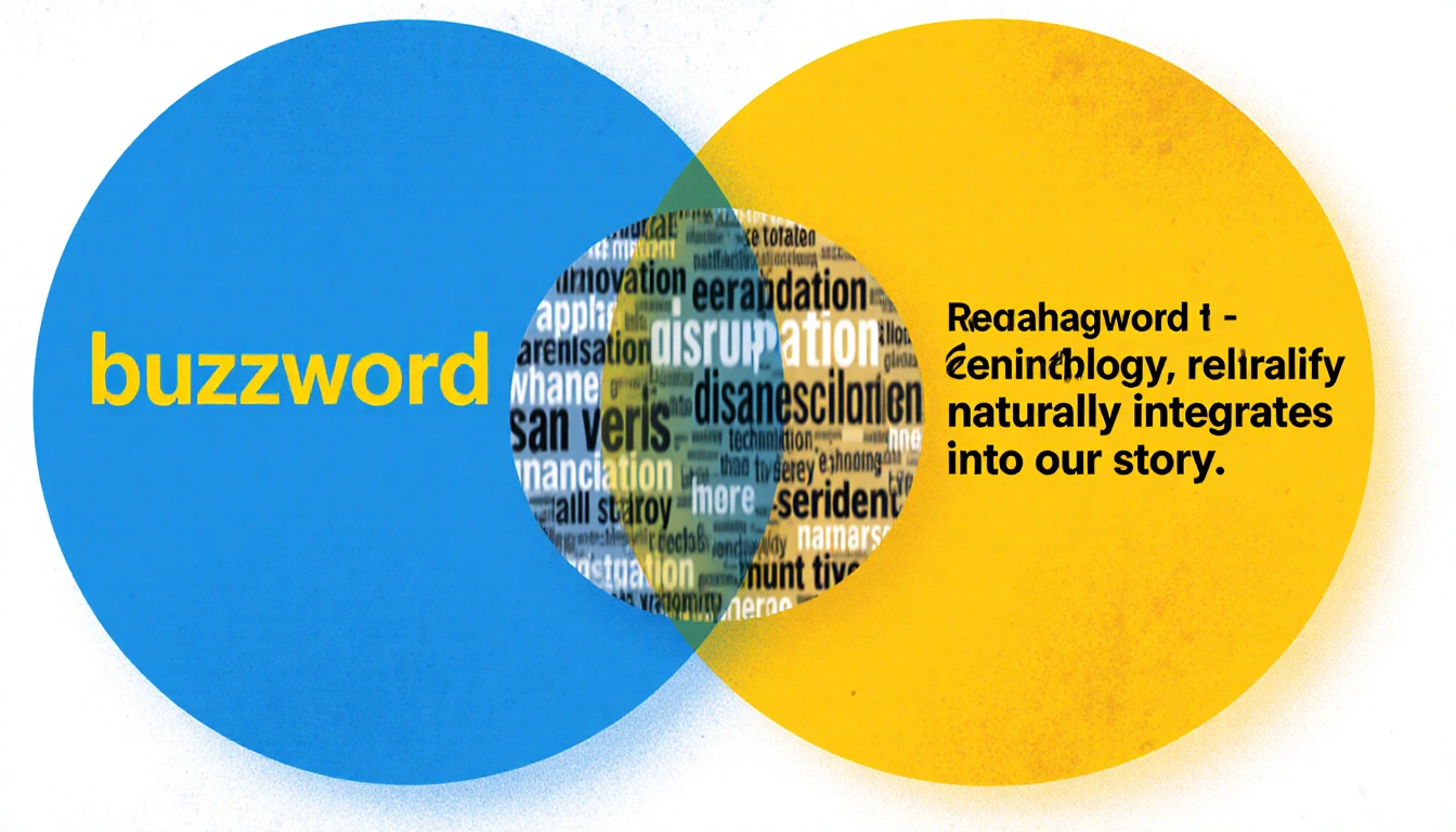 Three overlapping circles represent a warning against buzzwords with bold buzzword blurred innovation words clear integration