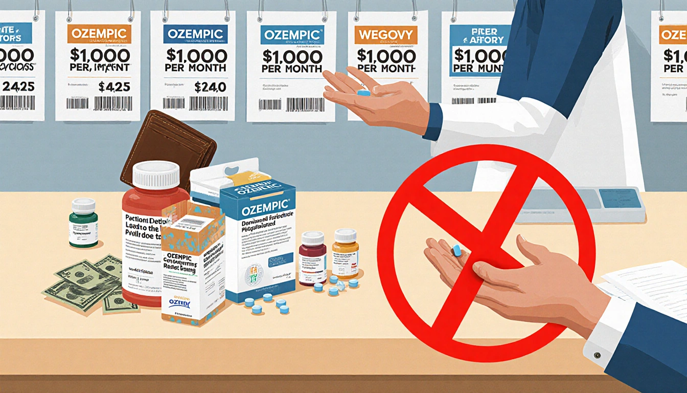 Healthcare professional's hand warns against microdosing with a red X over a pill near Ozempic and Wegovy at $1,000.