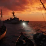 Black Navy vessel emerging from depths with piercing spotlight across water and shattered boats.