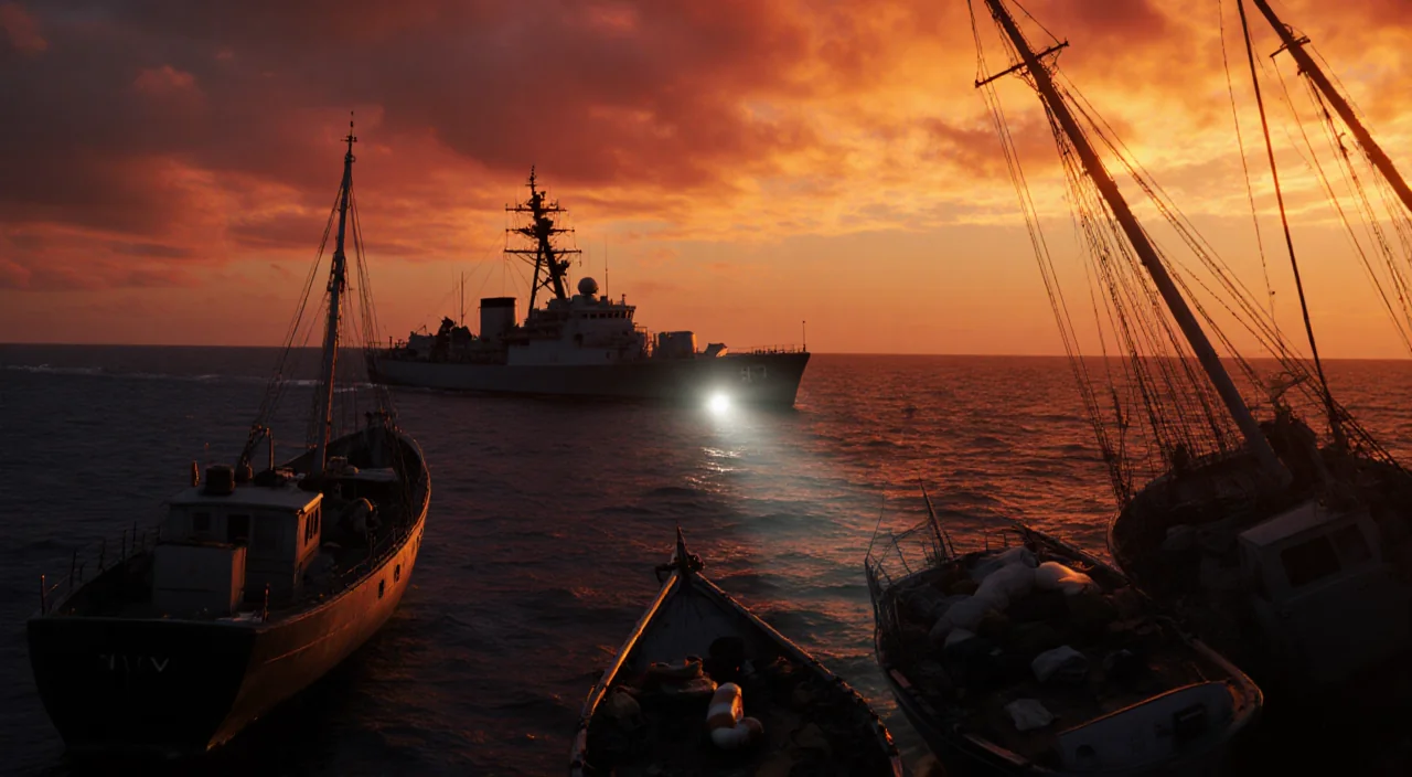 Black Navy vessel emerging from depths with piercing spotlight across water and shattered boats.