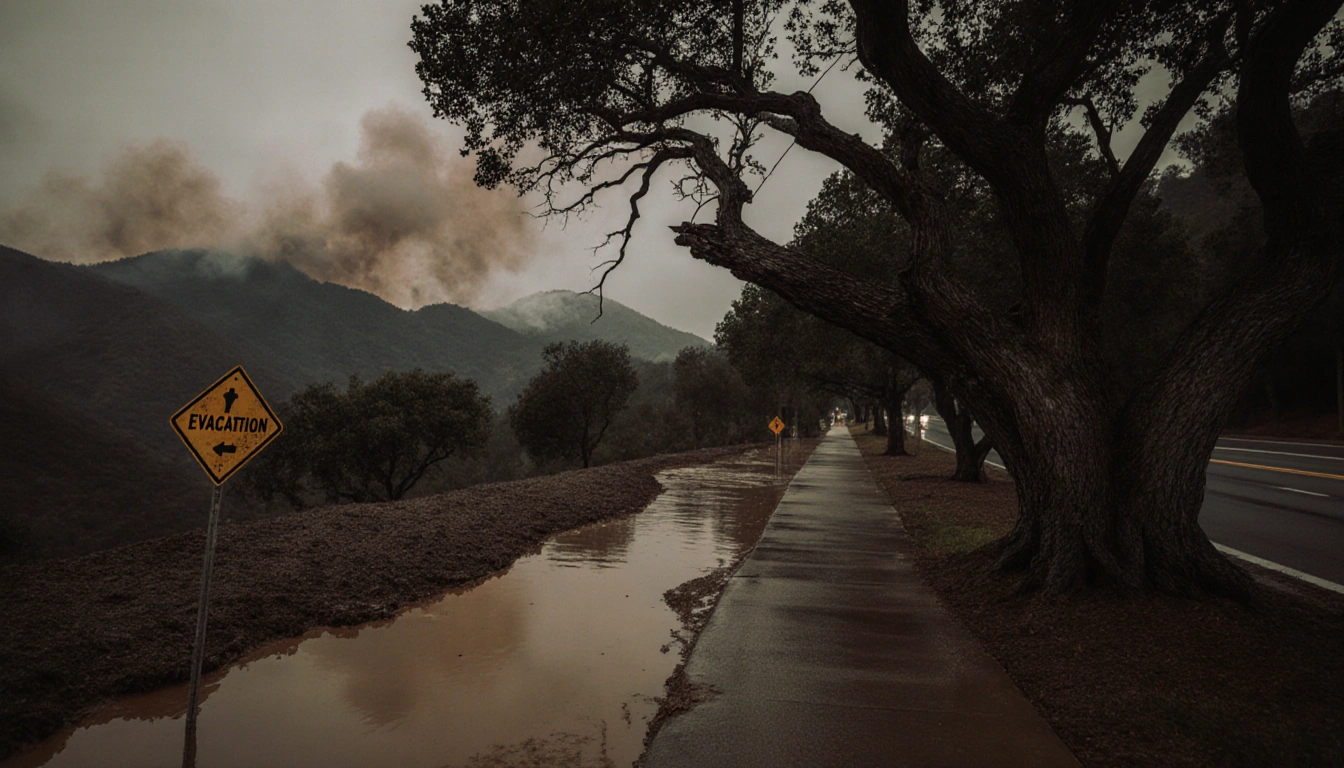 Mudflow meandering down a tree-lined sidewalk with ancient oak tree and smoke-stained hills in background