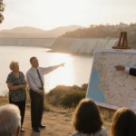 Residents pointing at Palisades reservoir map with city leaders listening near shoreline and a faint wildfire glow lingers in