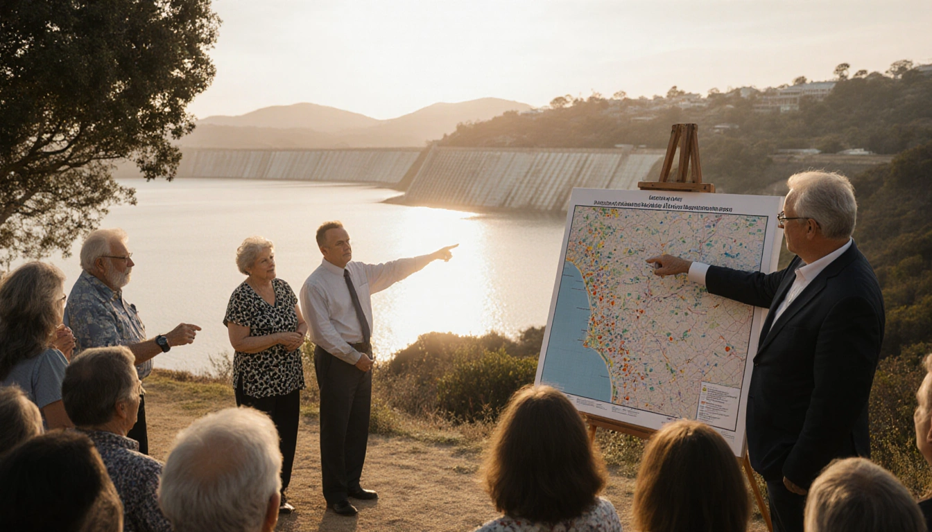 Residents pointing at Palisades reservoir map with city leaders listening near shoreline and a faint wildfire glow lingers in