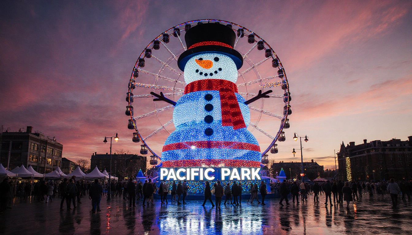 Snowman illuminates evening with LED lights and orange face while Pacific Park sign glows.