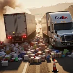 FedEx truck dumping packages with smoke billowing on 5 Freeway and traffic cones scattered