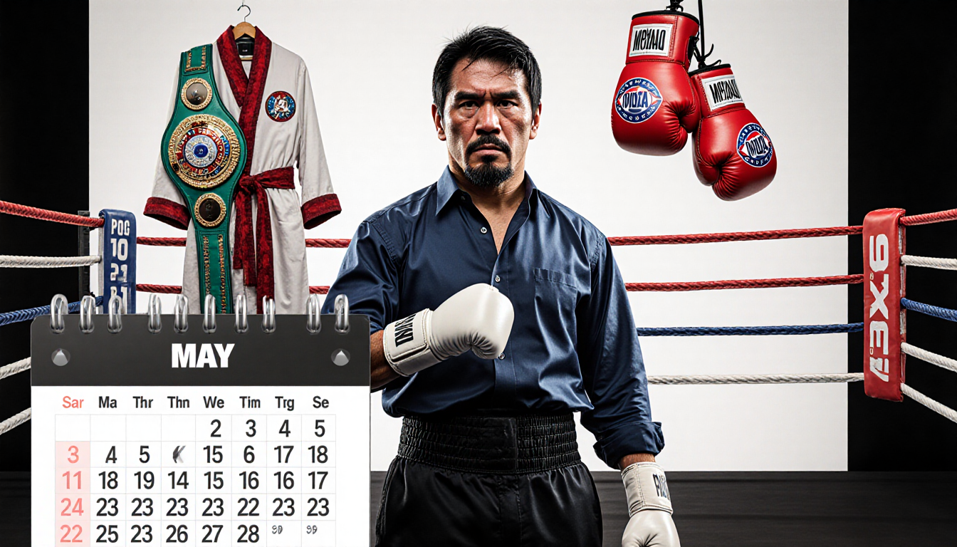Pacquiao standing with calendar showing May 2024 and Mayweather gloves and robe nearby hinting at a boxing rematch