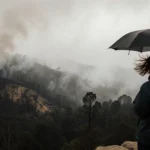 Person standing on cliff edge in Pacific Palisades holding umbrella with fog rolling in and stormy sky above