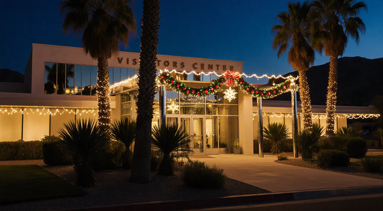 Palm Springs Visitors Center twinkles with holiday lights and festive decorations in a winter wonderland glow
