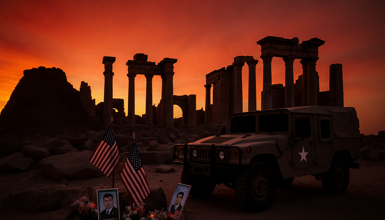 US military vehicle parked near memorial with American flags and ancient ruins at dusk