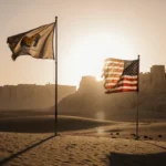 Two weathered American flags standing beside each other with the Syrian desert and Palmyra at sunset.