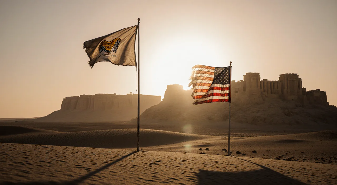 Two weathered American flags standing beside each other with the Syrian desert and Palmyra at sunset.