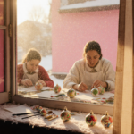 Workers crafting hand‑painted ornaments with warm golden light spilling from pink-lit windows and snowy workbench.