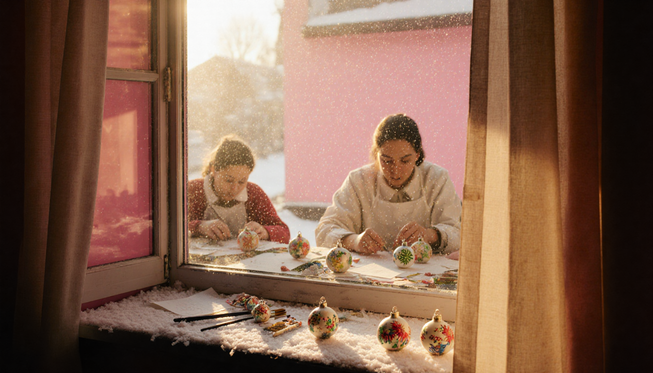 Workers crafting hand‑painted ornaments with warm golden light spilling from pink-lit windows and snowy workbench.