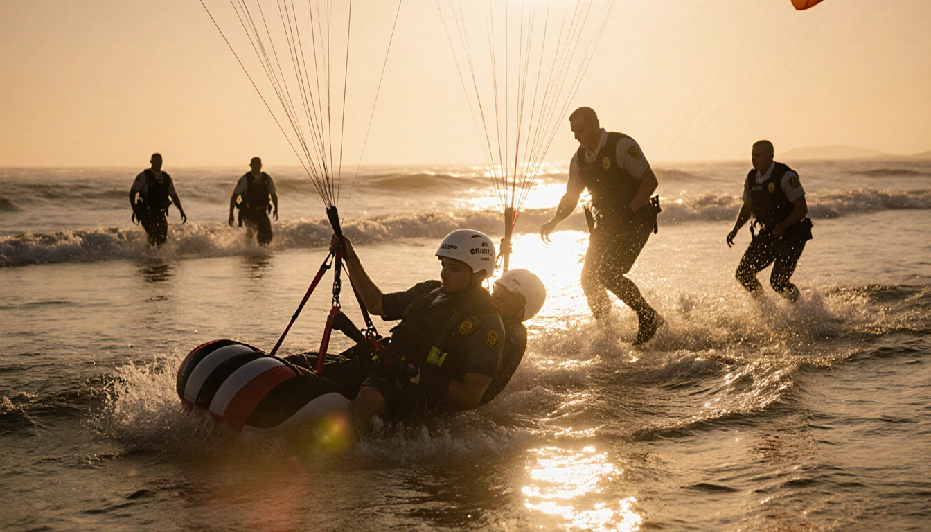 Two paragliders partially submerged are rescued by deputies with sunset light bathing the scene and a golden sky.