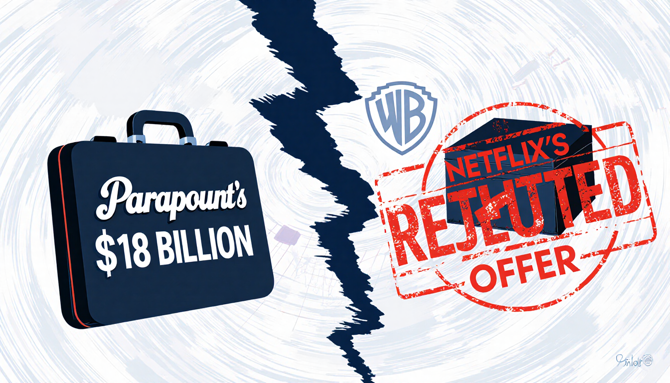 Briefcase and small box juxtapose with swirling financial charts and rejected Warner Bros logo