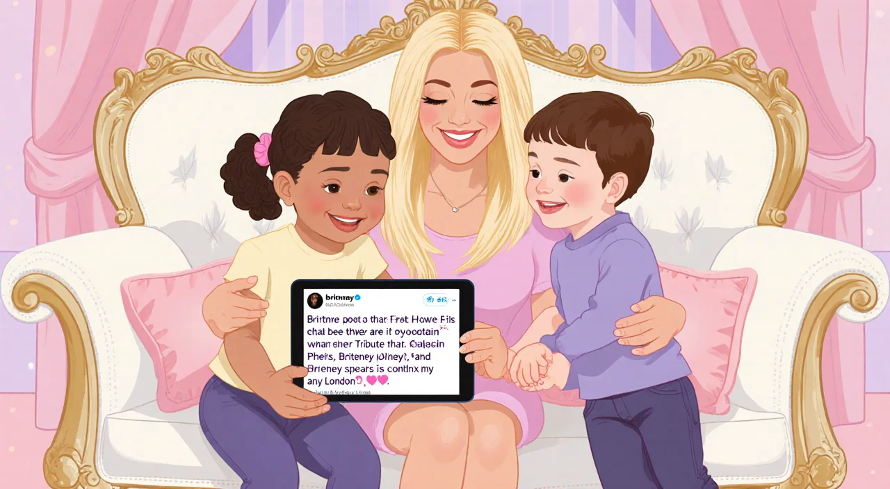 Paris Hilton reads a tablet with Britney Spears tribute while her children hold her hands on a couch.