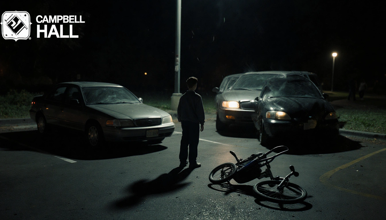 Silverman looking up with abandoned stroller and bicycle in parking lot accident