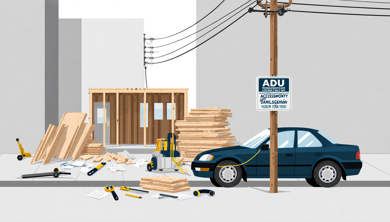 Towed car parked in front of ADU construction site with tires over curb and construction materials stacked around it