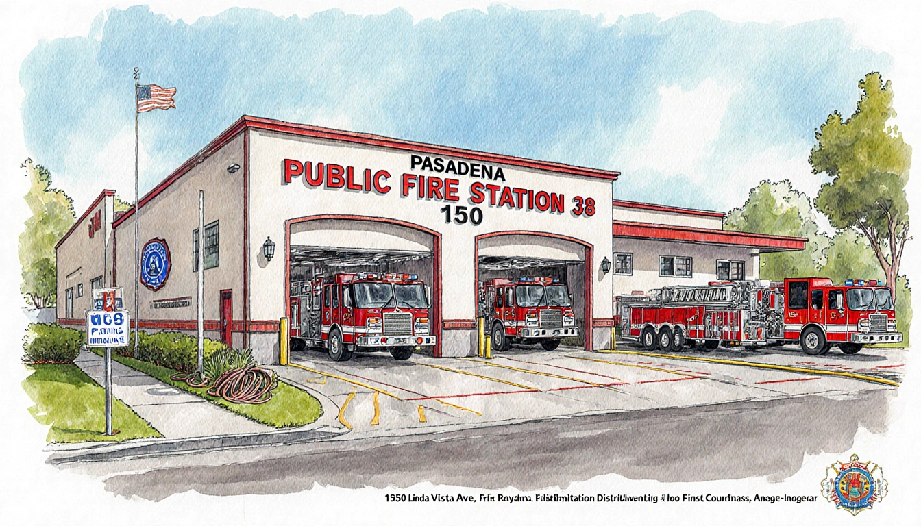 Fire station building displaying address sign with parked fire trucks and hoses ready for sandbag distribution.