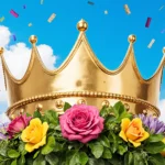 Gold crown stands proudly with lush greenery and colorful flowers against a blue sky with fluffy clouds and festive balloons