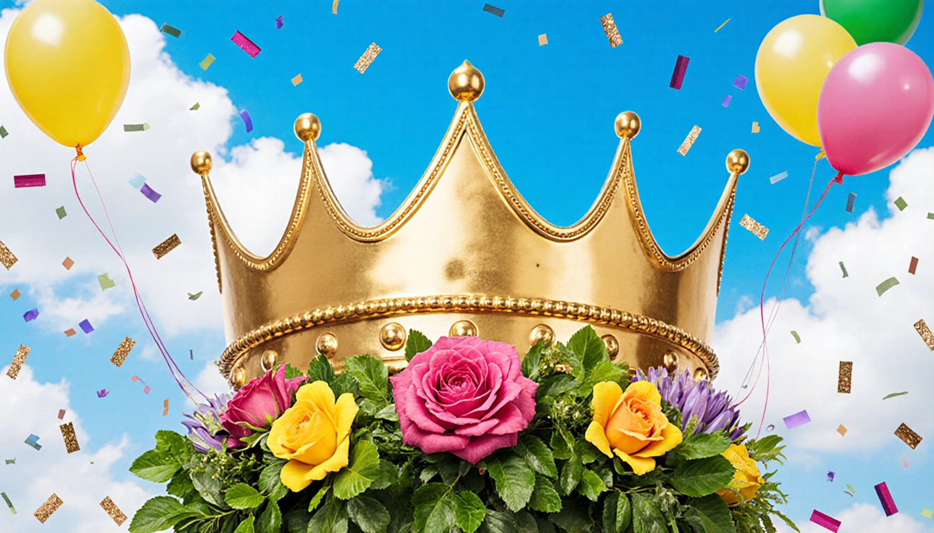 Gold crown stands proudly with lush greenery and colorful flowers against a blue sky with fluffy clouds and festive balloons