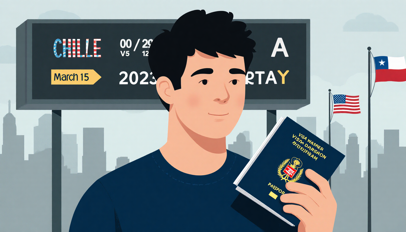 Young man holding passport with visa stamp standing before departure board with March 15 2023 and Chilean flag in background