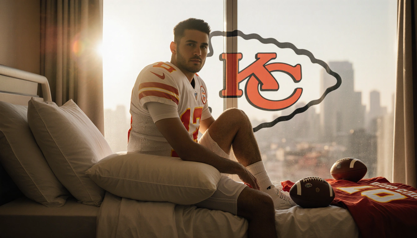 Patrick Mahomes sits on a hospital bed with his knee propped and the Kansas City Chiefs logo behind him under a golden glow