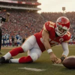 Patrick Mahomes lies on field clutching his injured knee with referee blowing the whistle and Chiefs fans in blue behind.