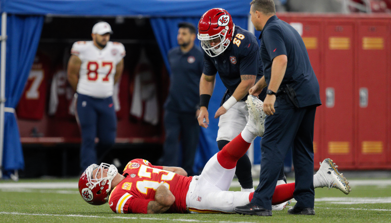 Patrick Mahomes lying injured on the field with a trainer lifting him and medical staff in a blue tent with locker doors open