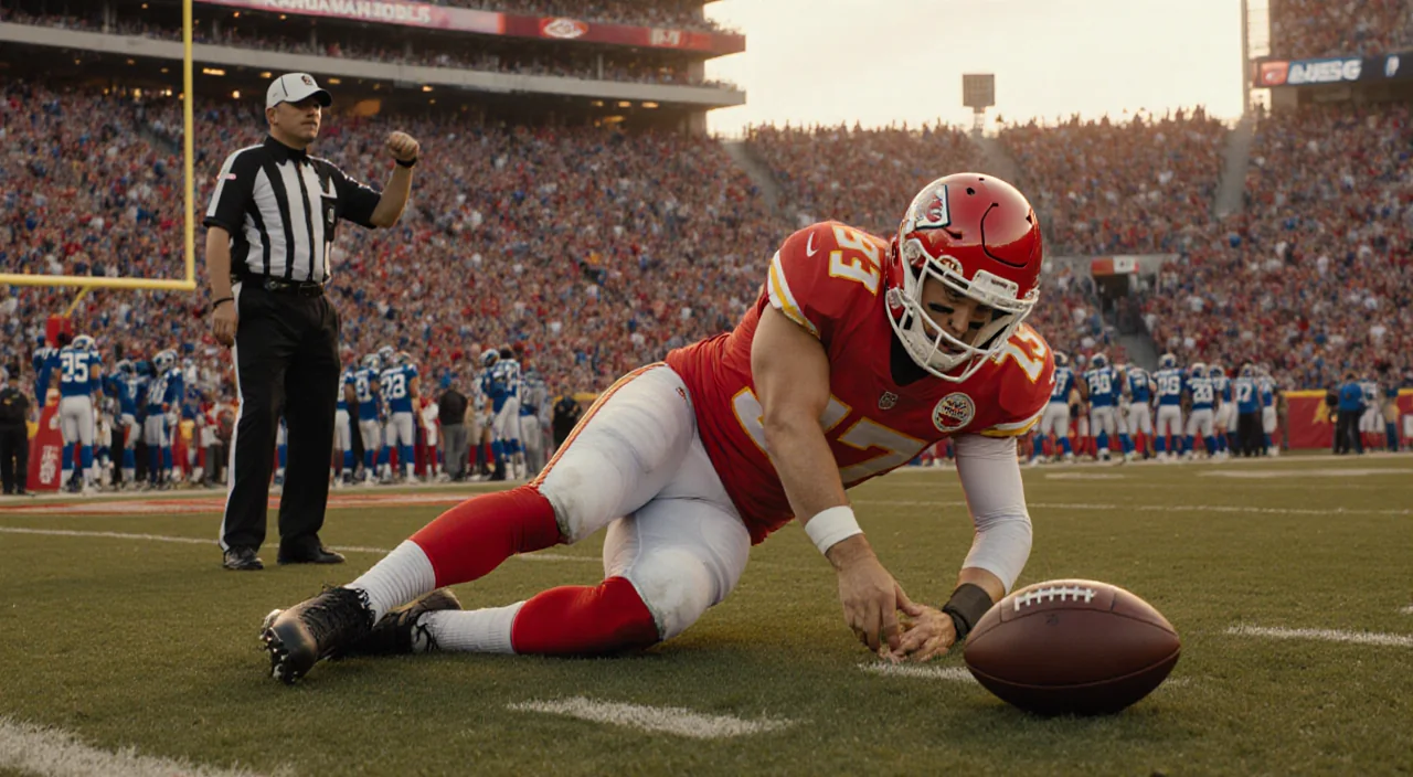Patrick Mahomes lies on field clutching his injured knee with referee blowing the whistle and Chiefs fans in blue behind.