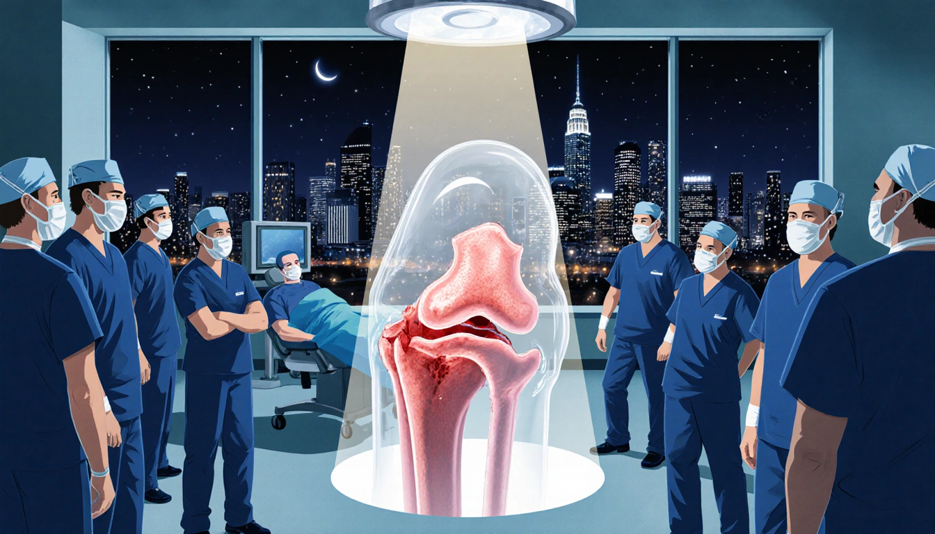 Patrick Mahomes undergoing knee surgery with surgical team and Dallas night skyline visible