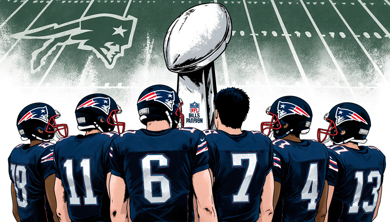 Patriots standing with backs to viewer looking disappointed at worn AFC East trophy with Bills stadium hint in background