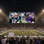 Fans cheer with midnight green and purple jerseys and giant video screen showing Tom Brady and Lamar Jackson in stadium